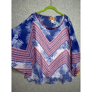 NWT Ruby Rd 1X Top Blouse Tropical Beaded Beach Colorful Batwing Lightweight